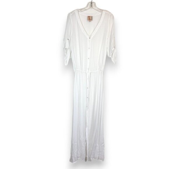Beach Swimsuit Coverup Shirt Dress White Maxi Long Button Up Drawstring Small - Picture 1 of 11